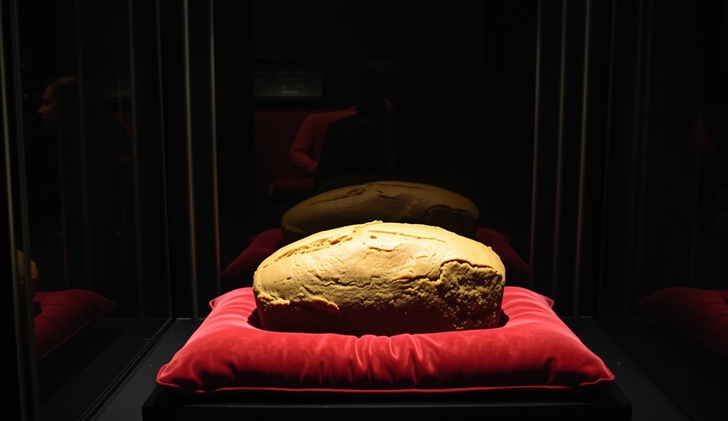 A loaf of banana bread displayed on a velvet cushion inside a museum glass case under a spotlight