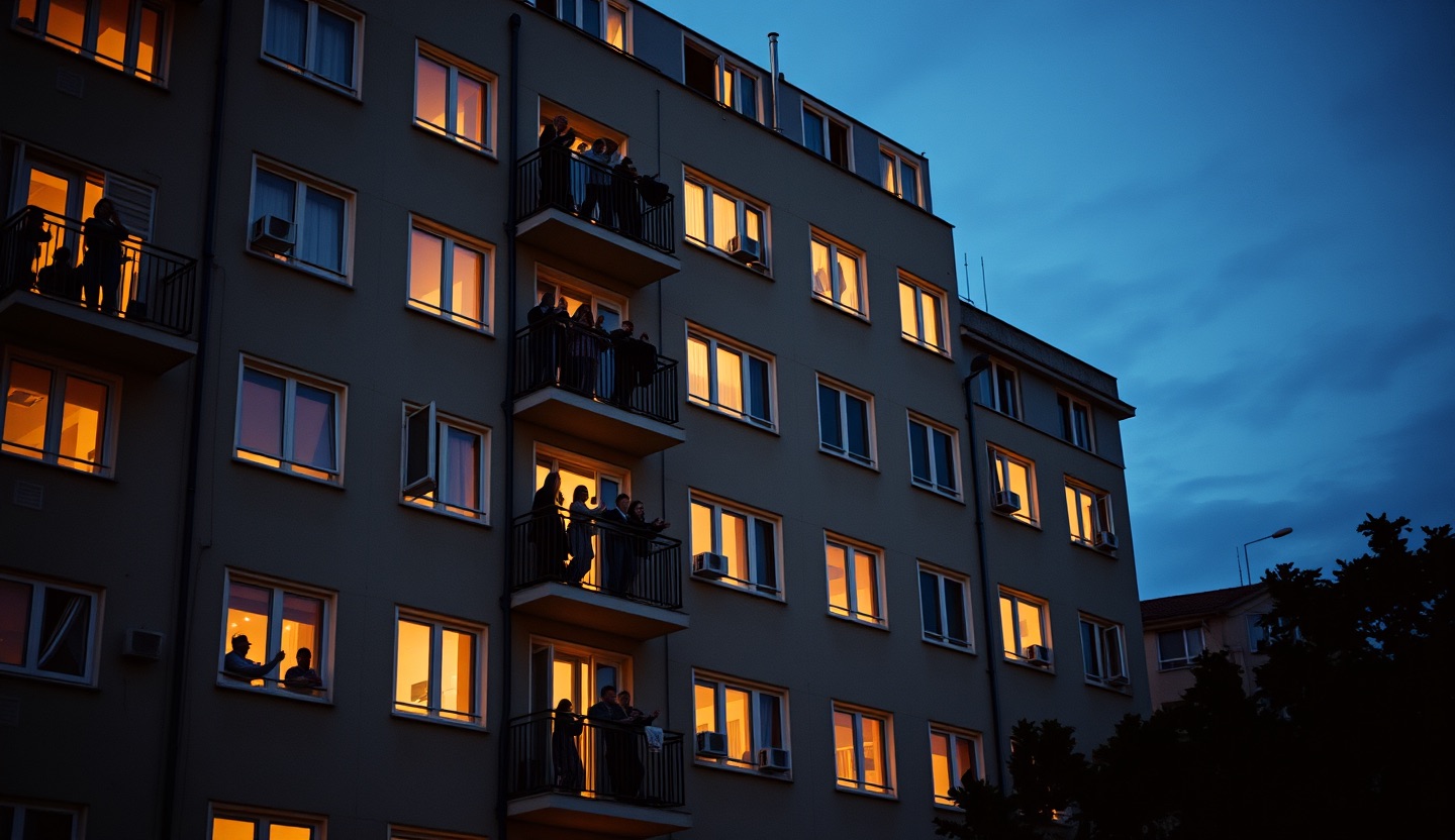 Apartment building facade at dusk with people on many balconies applauding, warm lit windows